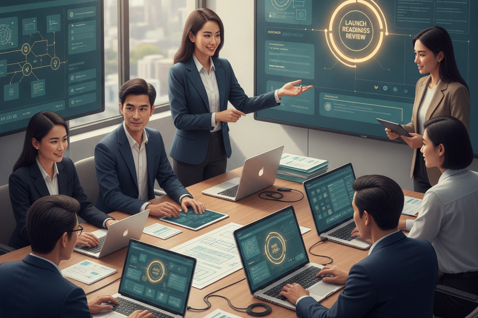 Client Account Management: Launch Readiness Review editorial illustration